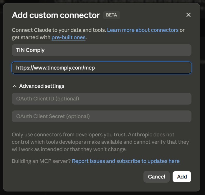 Add custom connector dialog showing the TIN Comply URL