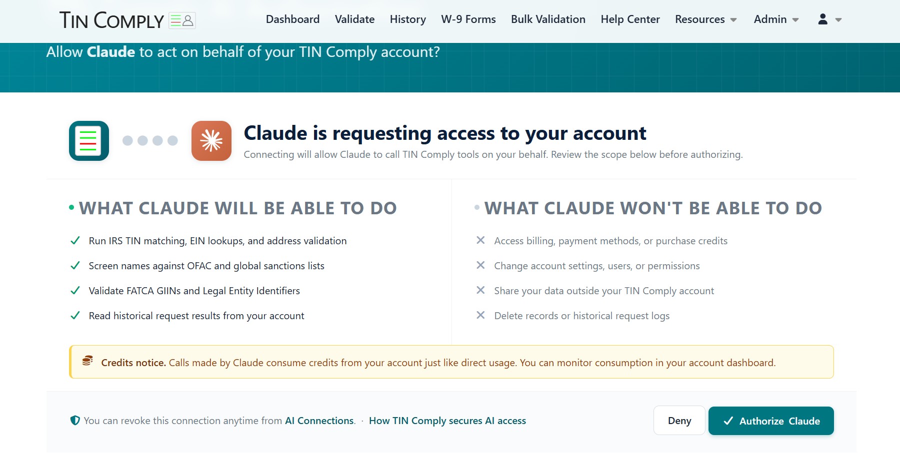 TIN Comply OAuth consent screen with explicit scope list