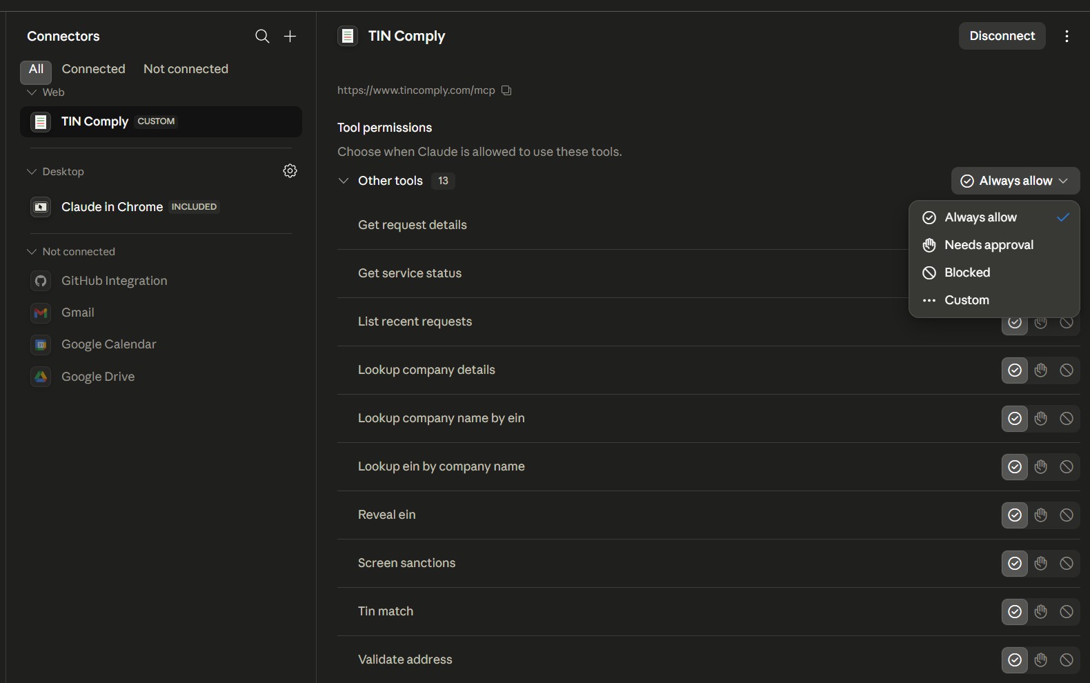 Per-tool permission toggles: Always allow, Needs approval, Blocked