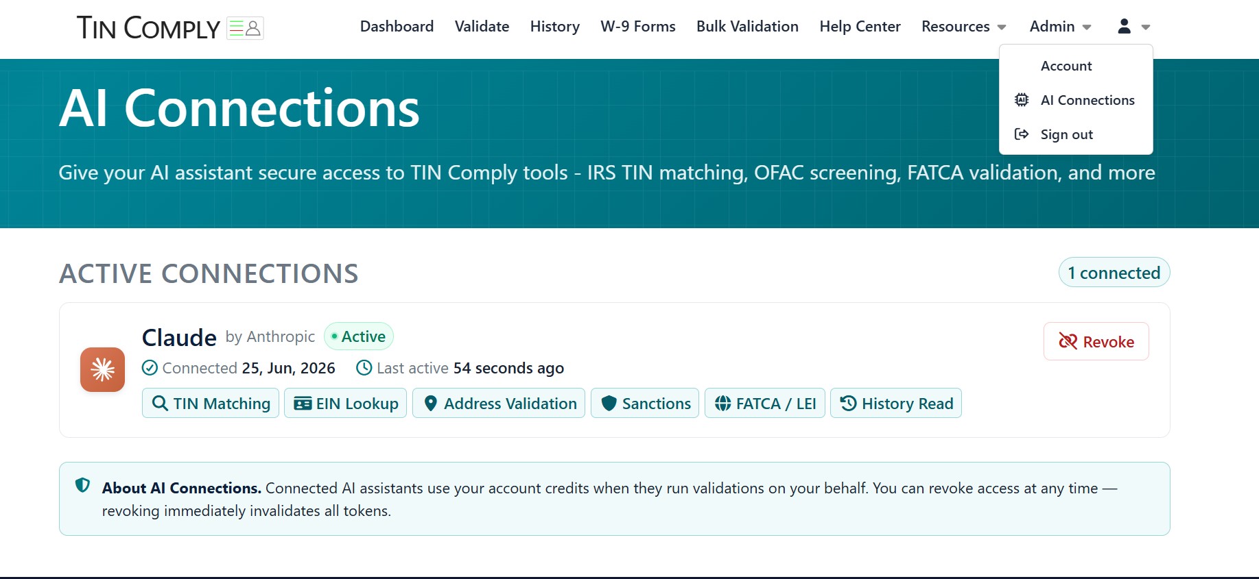 TIN Comply AI Connections page showing active connections with revoke control